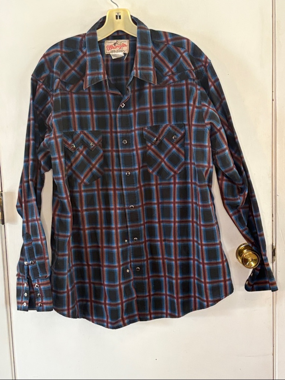 Wrangler blue brown plaid long sleeve button down western shirt Size XXL